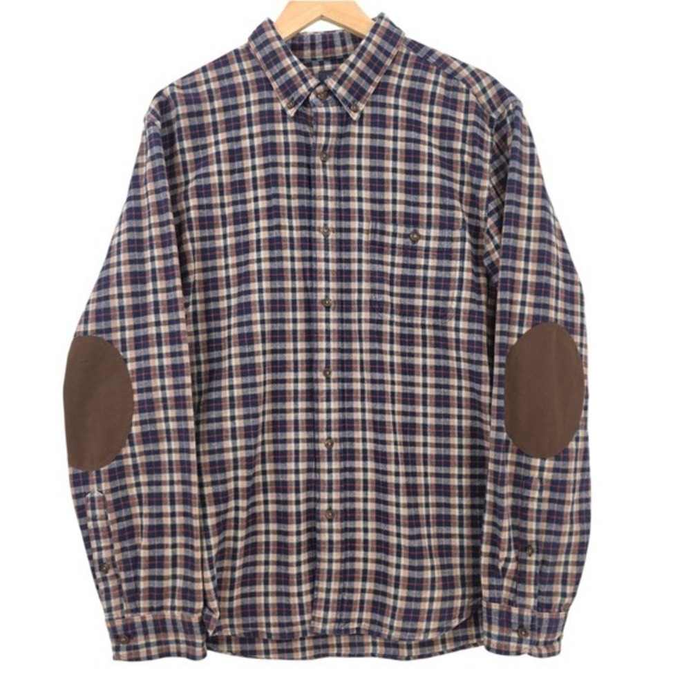 J.Crew Mens L Navy Tan Orange Plaid Rugged Cotton Flannel Shirt Elbow Patches